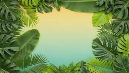 Fototapeta premium Tropical foliage frame surrounding serene turquoise lagoon.