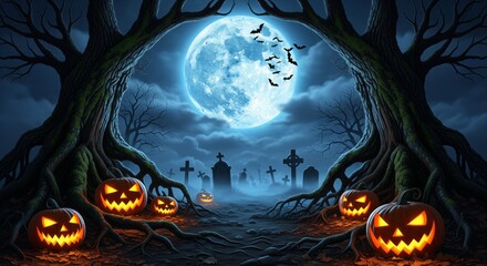 Spooky Halloween night scene with glowing jack o lanterns and full moon over cemetery.