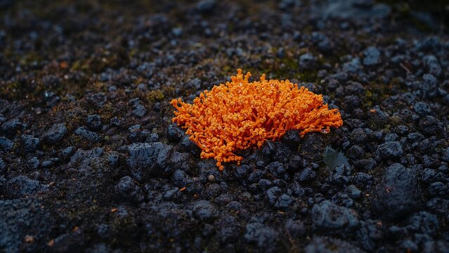 Vivid orange coral fungus thrives on dark, wet lava rock substrate.