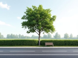A leafy tree next to a bench by the road, with hedges in the background