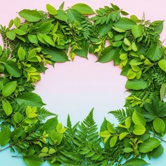 Fototapeta premium Vibrant green leafy circular wreath on pastel background.