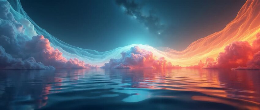 Majestic clouds drift over a serene ocean as the camera pans slowly across the horizon, capturing a vibrant sunset in a cinematic, dreamlike style.