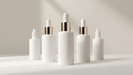 Elegant white cosmetic bottles with gold accents on a clean surface