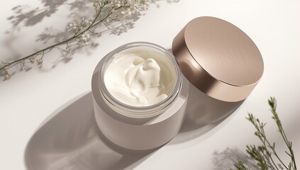 Luxurious skincare product with cream and flowers on white background