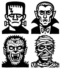 zombie monster dracula frankenstein mummy werewolf design cartoon set