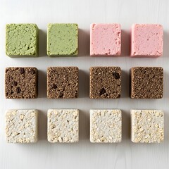 Assorted confectionery squares arranged on clean surface, overhead view