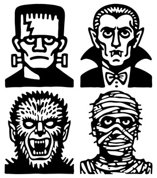 zombie monster dracula frankenstein mummy werewolf design cartoon set