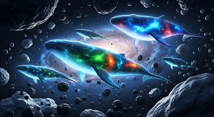 Celestial cetaceans adrift in cosmos adorned with stardust and asteroids