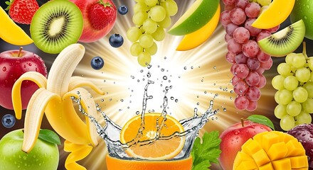 Assorted fruits splashing and sparkling with invigorating freshness