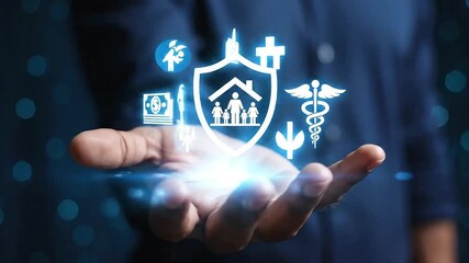 Hand Presenting Digital Insurance Shield with Healthcare Family and Finance Icons on Dark Background for Corporate Campaigns and Medical Awareness