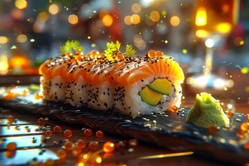 Close-up of luxurious salmon sushi roll filled with avocado, topped with roe and sesame seeds against glowing bokeh lights, perfect for upscale restaurant promotions or party dining concepts.