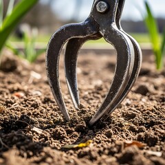 Close-up Garden Claw Tilling Fertile Soil in a Garden Bed Preparation
