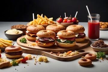 Gourmet Burger, Pizza With Fries, Sides, and Donuts on Dark Background