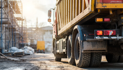 Dump truck on a construction site with heavy machinery and infrastructure in the background