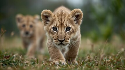 Curious lion cubs in grassy field