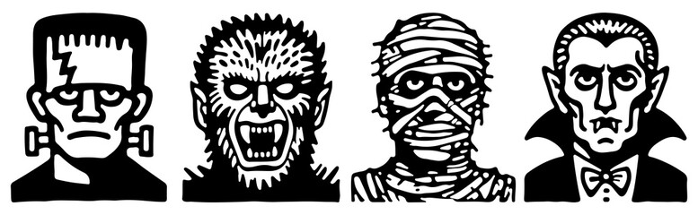 zombie monster dracula frankenstein mummy werewolf design cartoon set