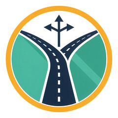 Circular road sign featuring split road with arrows indicating multiple directions. design includes transparent background, enhancing its