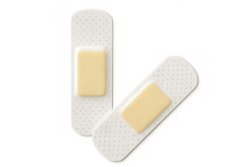 Two adhesive bandages providing pain relief, protection, and promoting quick healing for wound care on transparent background