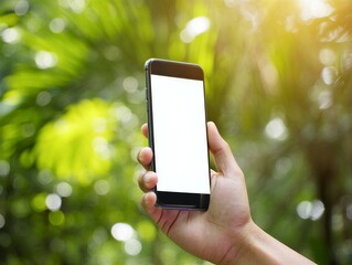 Hand holding smartphone with blank screen outdoors in nature