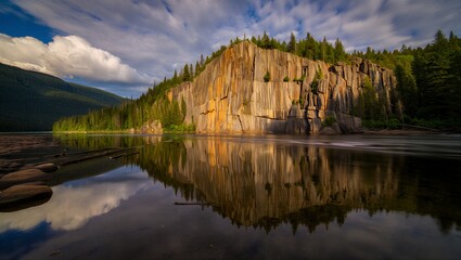Serene mountain lake with rocky cliffside and lush greenery reflecting in calm water