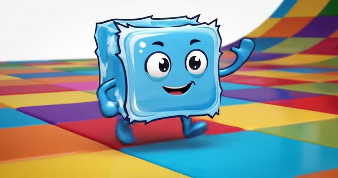 Cheerful animated ice cube character joyfully walking on a colorful tiled surface
