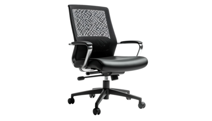 Sleek black ergonomic office chair with mesh back and padded seat, isolated on black (1)