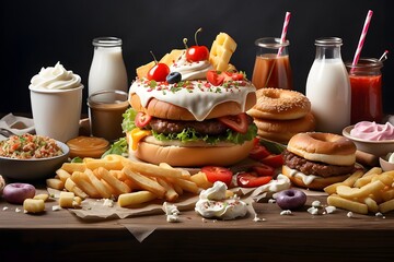 Gourmet Burger, Pizza With Fries, Sides, and Donuts on Dark Background