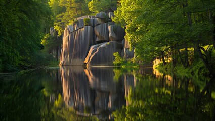 Serene lake surrounded by lush greenery and large rocky cliff