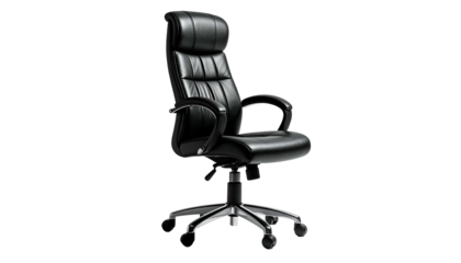 High-backed black leather office chair, chrome base, isolated on a stark black background