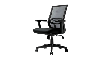 Black ergonomic office chair, mesh back, armrests, on wheels, isolated against black
