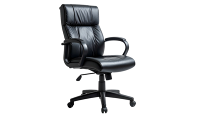 A black leather executive office chair on a wheeled base, set against a dark background
