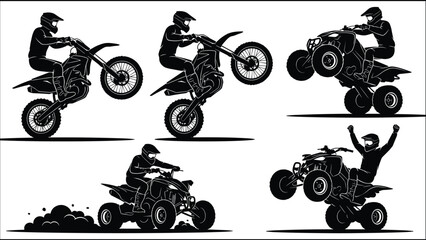 Extreme sport motorbikes and ATVs stunts silhouettes set, dirt bike, quad, rider, action, off-road, speed, wheels, adventure, black vector. © Shahariar's World