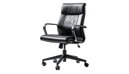 A sleek, black leather office chair, seen from a side-three-quarter view, with armrests and wheels
