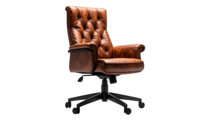 Luxurious brown leather office chair with button tufting on a black swivel base