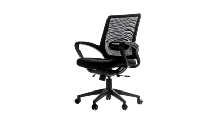 Black ergonomic office chair on a black background, mesh back, armrests, wheels