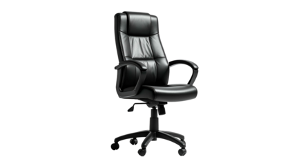 Isolated, ergonomic black leather office chair, high-backed and adjustable, against a void