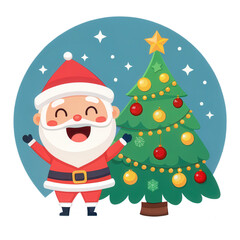 Cute Santa Claus character with cheerful expression stands beside decorated Christmas tree against transparent background