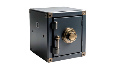 A small, dark blue metal safe with a combination dial and reinforced corners, isolated