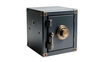 A small, dark blue metal safe with a combination dial and reinforced corners, isolated