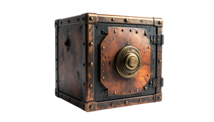 A cube-shaped, steampunk-style safe with a dial, brass rivets, and aged copper finish
