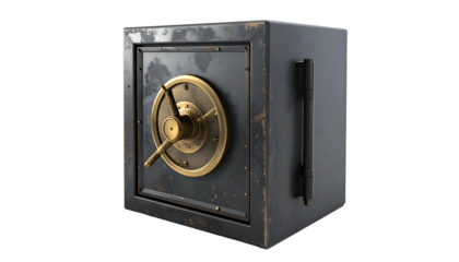 An old, weathered bank vault safe with a large, golden dial and handle