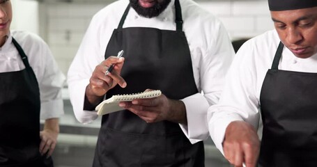 Cooking, class or people in restaurant with training, culinary knowledge or instruction in meal preparation. Hospitality, mentor or chef with lesson, cuisine process or dish guidance in kitchen.