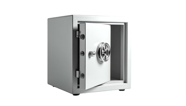 A partially open, empty steel safe, against a black background