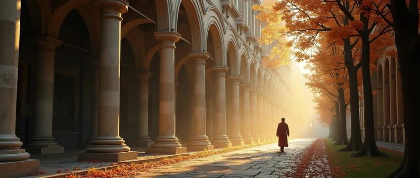 Majestic autumn walk through sunlit colonnade as leaves gently fall, with camera slowly panning to capture serene ambiance and radiant morning glow in cinematic style.