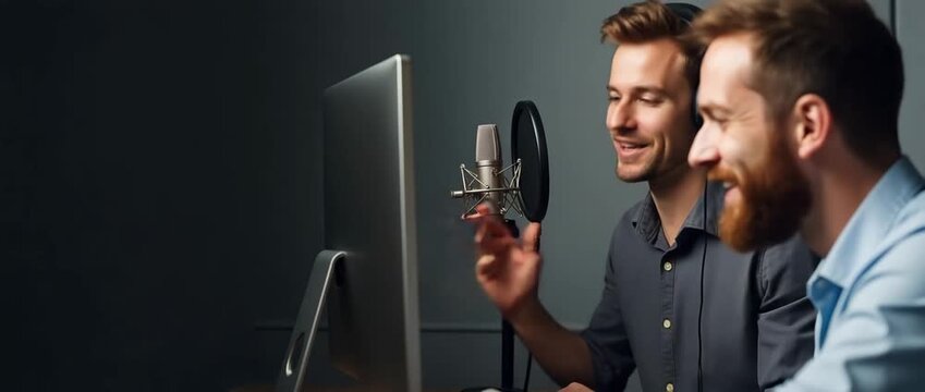 Podcast creators engage in lively discussion in a modern studio, microphones capturing every detail as the camera gently pans, showcasing a cinematic and collaborative ambiance.