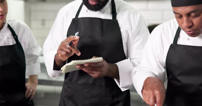 Cooking, class or people in restaurant with training, culinary knowledge or instruction in meal preparation. Hospitality, mentor or chef with lesson, cuisine process or dish guidance in kitchen.