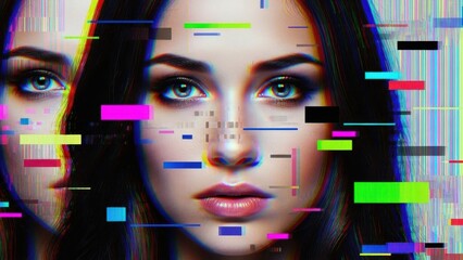 Enigmatic female portrait with vibrant digital distortion and abstract glitch effects