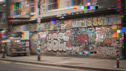Dynamic urban wall art with digital glitch effect, showcasing vibrant street graffiti and data