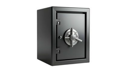 Metallic, secure safe with a dial and handle, isolated against a solid black background