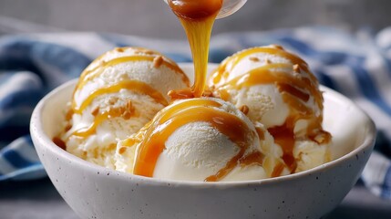 Close-up of three ice cream scoops in a bowl being drizzled with caramel sauce, creating a delicious visual texture